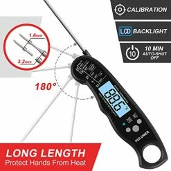 Outlet 🎉 KULUNER TP-01 Waterproof Digital Instant Read Meat Thermometer With 4.6” Folding Probe Backlight & Calibration Function For Cooking Food 🍬 Candy, BBQ Grill, Liquids,Beef(Black) 🧨