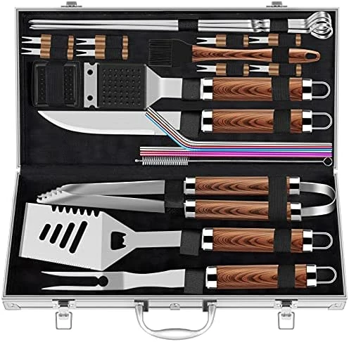 Buy 💯 ROMANTICIST 25pcs Extra Thick Stainless Steel Grill Tool Set For Men, Heavy Duty Grilling Accessories Kit For Backyard, BBQ Utensils Gift Set With Spatula,Tongs In Aluminum Case For 🥳 Birthday Brown 2-black ⌛ - Image 4