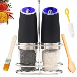 Promo ✔️ New England Stories Gravity Electric Salt And Pepper Grinder Mill [Set Of 2] With Blue LED Light. Flip To Grind. One Hand Operation, Adjustable Coarseness. Includes Stand, Spoon And Brush. Automatic Battery Powered Silver 2x 🛒