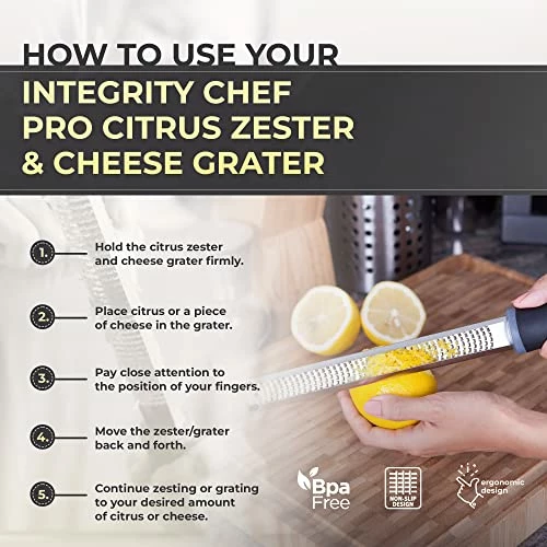 Wholesale 💯 Integrity Chef PRO Citrus Zester And Cheese Grater - Premium Non-Slip Grip Handle, Dishwasher Safe Lemon Zester - Parmesan, Garlic, Nutmeg, Chocolate, Ginger Grater - Stainless Steel Grater (13.2") 👏 - Image 3