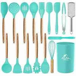 Hot Sale 😀 MIBOTE 17 Pcs Silicone Cooking Kitchen Utensils Set With Holder, Wooden Handles Cooking Tool BPA Free Turner Tongs Spatula Spoon Kitchen Gadgets Set For Nonstick Cookware (Teal) 3-blue 🎁