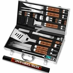 Coupon π ROMANTICIST 30pcs BBQ Grill Tool Set For Men Dad, Heavy Duty Stainless Steel Grill Utensils Set, Non-Slip Grilling Accessories Kit With Thermometer, Mats In Aluminum Case For Travel, Outdoor Brown π