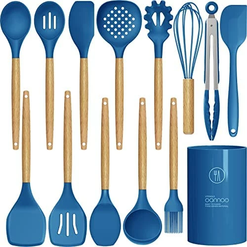 Promo 𧨠Oannao 14 Pcs Silicone Cooking Utensils Kitchen Utensil Set - 446Β°F Heat Resistant,Turner Tongs, Spatula, Spoon, Brush, Whisk, Wooden Handle Kitchen Gadgets With Holder For Nonstick Cookware (BPA Free Khaki) π - Image 7
