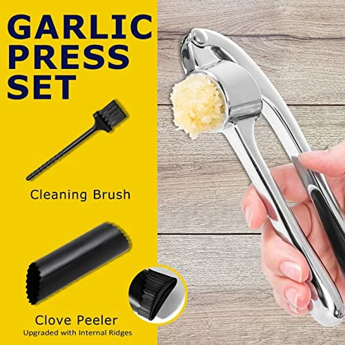 Best reviews of βοΈ KITESSENSU Premium Garlic Press, Garlic Mincer Set Of 3 With Silicone Roller Peeler & Cleaning Brush - Gloss Silver π - Image 3