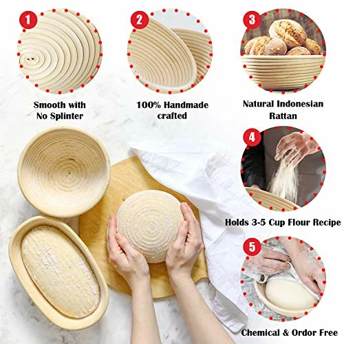 Top 10 π RORECAY Bread Banneton Proofing Basket Set Of 2, 9 Inch Round & 10 Inch Oval Cane Sourdough Baskets With Bread Lame + Dough Scraper + Linen Liner + Basting Brush For Bread Making Baking Fermentation π