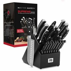 Deals 💯 Master Maison 19-Piece Kitchen Knife Set With Wooden Knife Block - German Stainless Steel Knife Set For Kitchen With Block, Paring, Chefs, Santoku, Carving, Utility & 8 Steak Knives - Knife Sharpener & Shears Silv 🎁