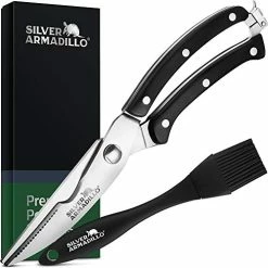 Cheapest ⌛ Silver Armadillo Heavy Duty Stainless Steel Poultry Shears For Bone, Chicken, Meat, Fish, Seafood, Vegetables. Premium Spring Loaded Food Scissors. One Piece Kitchen Shears. (Black Wooden Handles) 👏