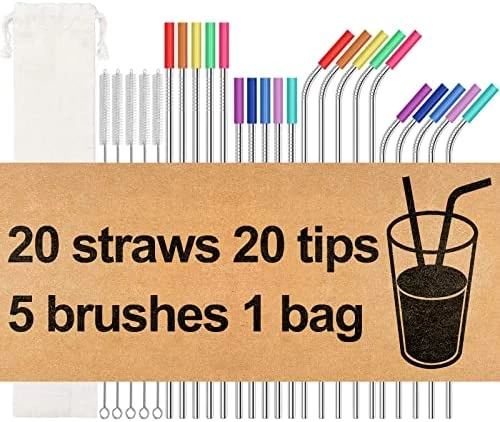 Outlet π MUTNITT 20 Pack Reusable Stainless Steel Metal Straws,10.5" & 8.5" Reusable Drinking Straws With 20 Silicone Tips 5 Straw Brushes 1 Travel Case,Eco Friendly Extra Long Metal Straw Fit For 20 24 30 Oz Tumbler Silver β¨ - Image 7