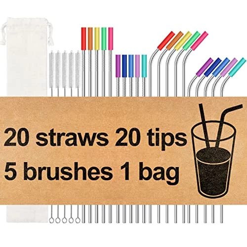 Outlet π MUTNITT 20 Pack Reusable Stainless Steel Metal Straws,10.5" & 8.5" Reusable Drinking Straws With 20 Silicone Tips 5 Straw Brushes 1 Travel Case,Eco Friendly Extra Long Metal Straw Fit For 20 24 30 Oz Tumbler Silver β¨