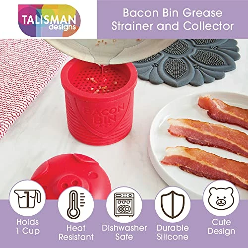 Discount π€© Talisman Designs Bacon Bin Grease Strainer & Collector | Red | Family Friendly Kitchen Tools | Fun & Functional Silicone Grease Container | Holds Up To 1 Cup π€© - Image 4