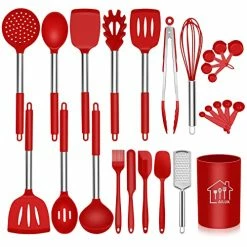 New ✨ AILUKI Silicone Cooking Utensil Set,Kitchen Utensils 26 Pcs Cooking Utensils Set,Non-stick Heat Resistant Silicone,Cookware With Stainless Steel Handle - Red 🎉