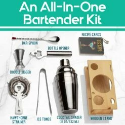 Discount 🔥 Modern Mixology Mixology Bartender Kit With Stand | Silver Bar Set Cocktail Shaker Set For Drink Mixing - Bar Tools: Martini Shaker, Jigger, Strainer, Bar Mixer Spoon, Tongs, Opener | Gift Idea 🧨