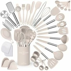 Hot Sale 😀 Umite Chef Silicone Kitchen Cooking Utensil Set, 43 Pcs Silicone Kitchen Spatula Utensils Set With Stainless Steel Handle, Non-stick Heat Resistant - Best Kitchen Cookware Set-(Khaki) 🔔
