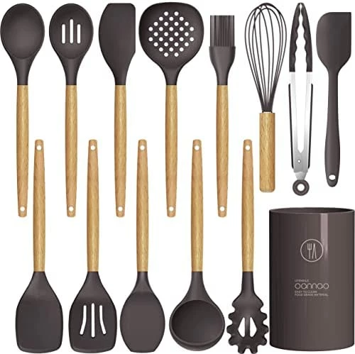 Promo 𧨠Oannao 14 Pcs Silicone Cooking Utensils Kitchen Utensil Set - 446Β°F Heat Resistant,Turner Tongs, Spatula, Spoon, Brush, Whisk, Wooden Handle Kitchen Gadgets With Holder For Nonstick Cookware (BPA Free Khaki) π - Image 8