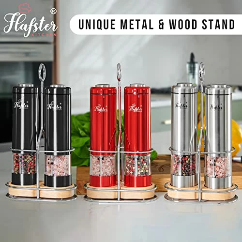 Outlet β¨ FLAFSTER KITCHEN Electric Salt And Pepper Grinder Set - Automatic Salt Pepper Mills With Light - Battery Operated Salt And Pepper Shakers With Stand - Refillable Pepper Grinders With Adjustable Coarseness π - Image 2