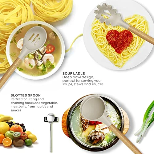 Promo 𧨠Oannao 14 Pcs Silicone Cooking Utensils Kitchen Utensil Set - 446Β°F Heat Resistant,Turner Tongs, Spatula, Spoon, Brush, Whisk, Wooden Handle Kitchen Gadgets With Holder For Nonstick Cookware (BPA Free Khaki) π - Image 2