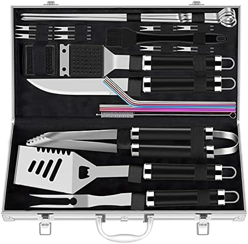 Buy 💯 ROMANTICIST 25pcs Extra Thick Stainless Steel Grill Tool Set For Men, Heavy Duty Grilling Accessories Kit For Backyard, BBQ Utensils Gift Set With Spatula,Tongs In Aluminum Case For 🥳 Birthday Brown 2-black ⌛ - Image 5
