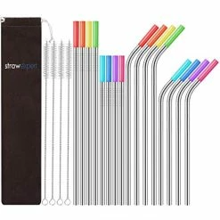 Cheap 👍 StrawExpert Set Of 16 Reusable Stainless Steel Straws With Travel Case Cleaning Brush Silicone Tips Eco Friendly Extra Long Metal Straws Drinking For 20 24 30 Oz Tumbler Rainbo 🛒