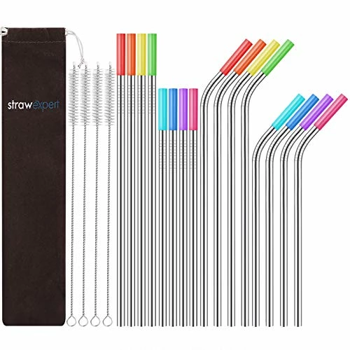 Cheap π StrawExpert Set Of 16 Reusable Stainless Steel Straws With Travel Case Cleaning Brush Silicone Tips Eco Friendly Extra Long Metal Straws Drinking For 20 24 30 Oz Tumbler Rainbo π