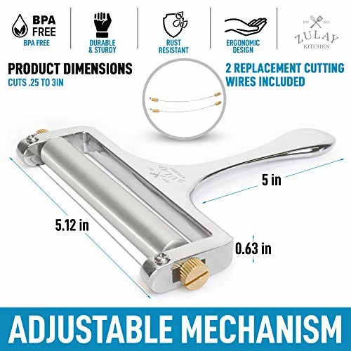 New ๐ Zulay Kitchen Zulay Cheese Slicer With Adjustable Thickness - Wire Cheese Slicer For Mozzarella Cheese, Cheddar Cheese, Gouda Cheese - Cheese Slicers For Block Cheese Heavy Duty With 2 Extra Wires (Silver) ๐ฅ - Image 5