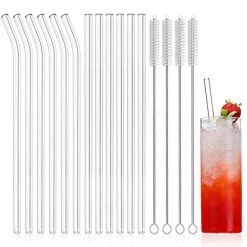 Coupon 🎉 NETANY 12-Pack Reusable Glass Straws, Clear Glass Drinking Straw, 10''x10 MM, Set Of 6 Straight And 6 Bent With 4 Cleaning Brushes - Perfect For Smoothies, Milkshakes, Tea, Juice - Dishwasher Safe 👏