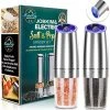 Brand new 🔔 JOBKIM& Electric Gravity Pepper Grinder Set Of 2, Automatic Salt And Pepper Mill Grinder, Adjustable Roughness, Battery Powered, Blue LED Light, Stainless Steel With One Hand Operation (Sliver 2 Pack) Black 2x 🎉