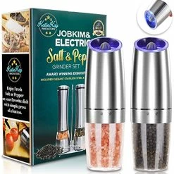 Brand new 🔔 JOBKIM& Electric Gravity Pepper Grinder Set Of 2, Automatic Salt And Pepper Mill Grinder, Adjustable Roughness, Battery Powered, Blue LED Light, Stainless Steel With One Hand Operation (Sliver 2 Pack) Black 2x 🎉