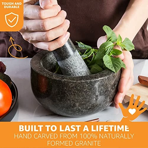 Brand new 𧨠Priority Chef Heavy Duty Large Mortar And Pestle Set, Hand Carved From Natural Granite, Make Fresh Guacamole, Salsa, Pesto, Stone Grinder Bowl, Herb Crusher, Spice Grinder, 6.3 Inch Size, Black π - Image 2