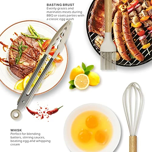 Promo 𧨠Oannao 14 Pcs Silicone Cooking Utensils Kitchen Utensil Set - 446Β°F Heat Resistant,Turner Tongs, Spatula, Spoon, Brush, Whisk, Wooden Handle Kitchen Gadgets With Holder For Nonstick Cookware (BPA Free Khaki) π - Image 4