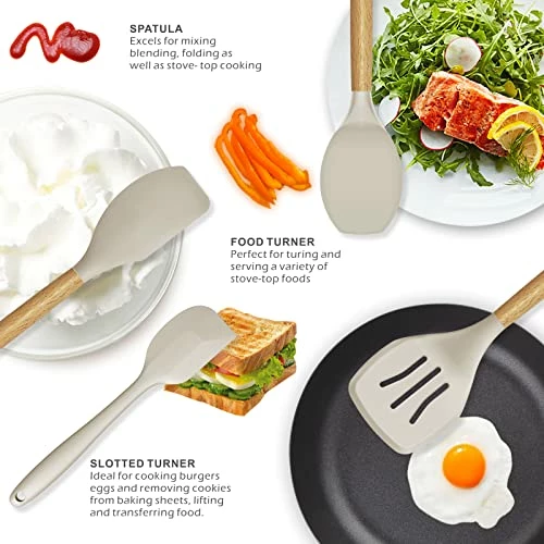 Promo 𧨠Oannao 14 Pcs Silicone Cooking Utensils Kitchen Utensil Set - 446Β°F Heat Resistant,Turner Tongs, Spatula, Spoon, Brush, Whisk, Wooden Handle Kitchen Gadgets With Holder For Nonstick Cookware (BPA Free Khaki) π - Image 3