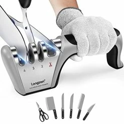 Coupon 🎁 4-in-1 Longzon [4 Stage] Knife Sharpener With A Pair Of Cut-Resistant Glove, Original Premium Polish Blades, Best Kitchen Knife Sharpener Really Works For Ceramic And Steel Knives, Scissors. Black+silver 🎉