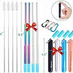Hot Sale 🥰 Kynup 4Packs Reusable Straws, Metal Straw With Silicon, Travel Drinking Straws With Metal Case, Keychain, Cleaning Brushes, Silicon Pcs Perfect For Travel, Gifts (20 PCS) Blue-Black- Rose Gold-Silver Blue-black-silver-turquoise ❤️